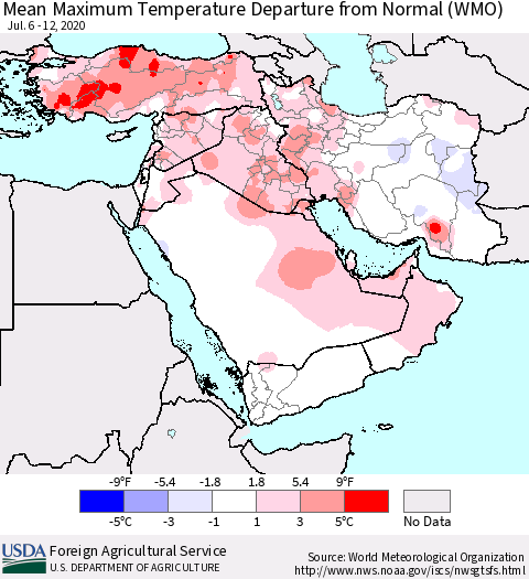 Middle East and Turkey Mean Maximum Temperature Departure from Normal (WMO) Thematic Map For 7/6/2020 - 7/12/2020