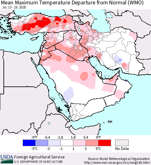 Middle East and Turkey Mean Maximum Temperature Departure from Normal (WMO) Thematic Map For 7/13/2020 - 7/19/2020