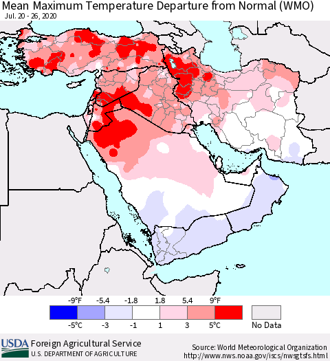 Middle East and Turkey Mean Maximum Temperature Departure from Normal (WMO) Thematic Map For 7/20/2020 - 7/26/2020