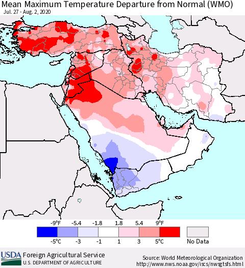 Middle East and Turkey Mean Maximum Temperature Departure from Normal (WMO) Thematic Map For 7/27/2020 - 8/2/2020