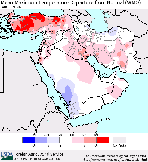 Middle East and Turkey Mean Maximum Temperature Departure from Normal (WMO) Thematic Map For 8/3/2020 - 8/9/2020