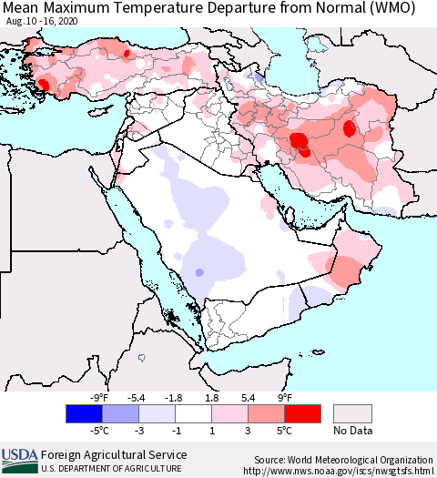 Middle East and Turkey Mean Maximum Temperature Departure from Normal (WMO) Thematic Map For 8/10/2020 - 8/16/2020