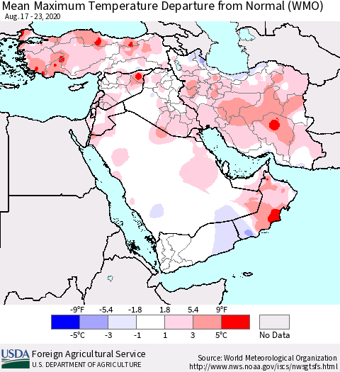 Middle East and Turkey Mean Maximum Temperature Departure from Normal (WMO) Thematic Map For 8/17/2020 - 8/23/2020