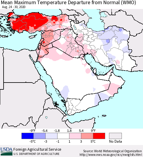 Middle East and Turkey Mean Maximum Temperature Departure from Normal (WMO) Thematic Map For 8/24/2020 - 8/30/2020