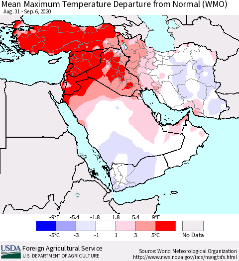 Middle East and Turkey Mean Maximum Temperature Departure from Normal (WMO) Thematic Map For 8/31/2020 - 9/6/2020
