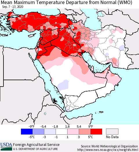 Middle East and Turkey Mean Maximum Temperature Departure from Normal (WMO) Thematic Map For 9/7/2020 - 9/13/2020