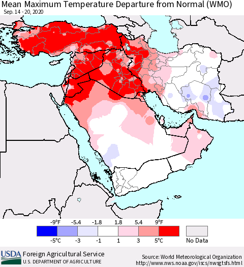 Middle East and Turkey Mean Maximum Temperature Departure from Normal (WMO) Thematic Map For 9/14/2020 - 9/20/2020