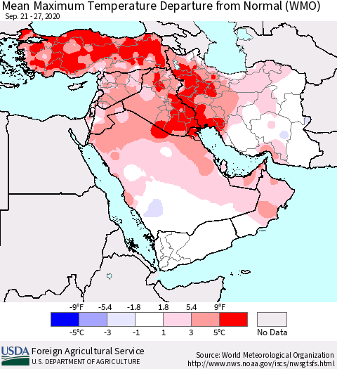 Middle East and Turkey Mean Maximum Temperature Departure from Normal (WMO) Thematic Map For 9/21/2020 - 9/27/2020