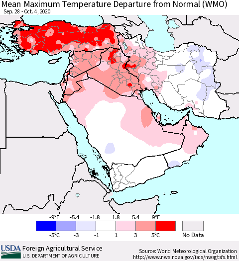 Middle East and Turkey Mean Maximum Temperature Departure from Normal (WMO) Thematic Map For 9/28/2020 - 10/4/2020