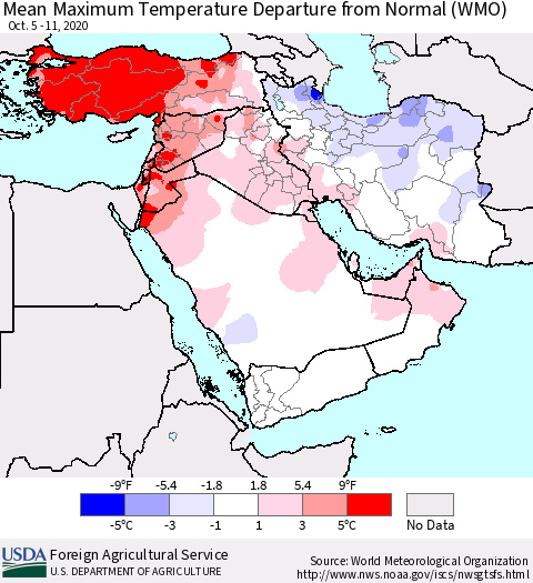 Middle East and Turkey Mean Maximum Temperature Departure from Normal (WMO) Thematic Map For 10/5/2020 - 10/11/2020