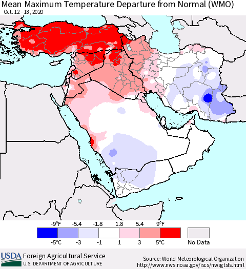 Middle East and Turkey Mean Maximum Temperature Departure from Normal (WMO) Thematic Map For 10/12/2020 - 10/18/2020