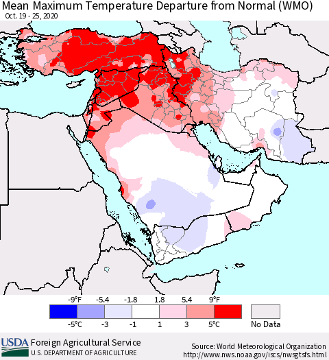 Middle East and Turkey Mean Maximum Temperature Departure from Normal (WMO) Thematic Map For 10/19/2020 - 10/25/2020