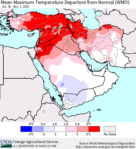 Middle East and Turkey Mean Maximum Temperature Departure from Normal (WMO) Thematic Map For 10/26/2020 - 11/1/2020