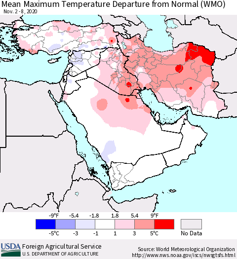 Middle East and Turkey Mean Maximum Temperature Departure from Normal (WMO) Thematic Map For 11/2/2020 - 11/8/2020