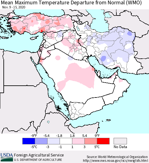 Middle East and Turkey Mean Maximum Temperature Departure from Normal (WMO) Thematic Map For 11/9/2020 - 11/15/2020