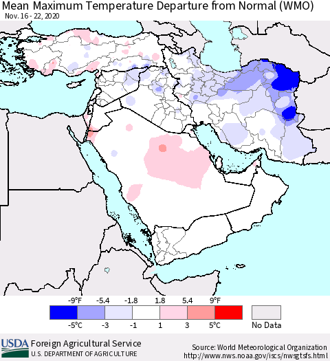 Middle East and Turkey Mean Maximum Temperature Departure from Normal (WMO) Thematic Map For 11/16/2020 - 11/22/2020