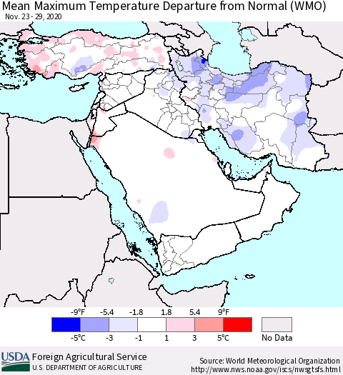 Middle East and Turkey Mean Maximum Temperature Departure from Normal (WMO) Thematic Map For 11/23/2020 - 11/29/2020