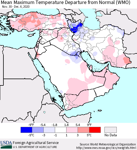 Middle East and Turkey Mean Maximum Temperature Departure from Normal (WMO) Thematic Map For 11/30/2020 - 12/6/2020
