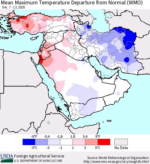 Middle East and Turkey Mean Maximum Temperature Departure from Normal (WMO) Thematic Map For 12/7/2020 - 12/13/2020