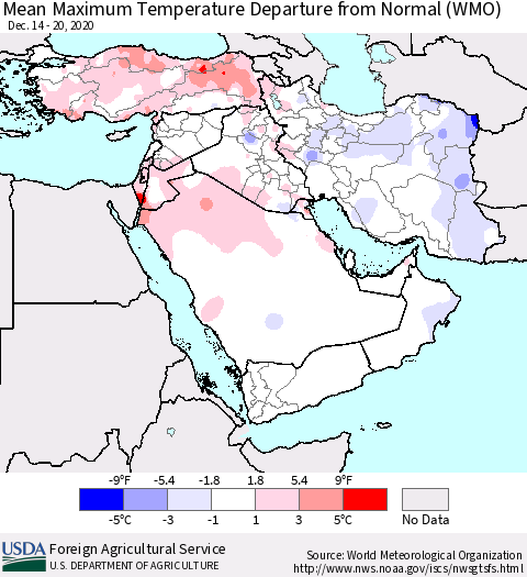 Middle East and Turkey Mean Maximum Temperature Departure from Normal (WMO) Thematic Map For 12/14/2020 - 12/20/2020