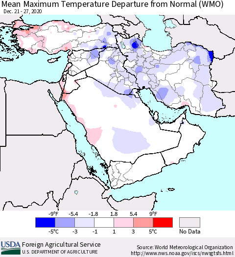 Middle East and Turkey Mean Maximum Temperature Departure from Normal (WMO) Thematic Map For 12/21/2020 - 12/27/2020