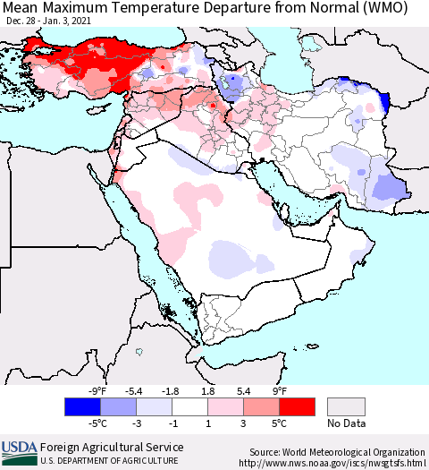 Middle East and Turkey Mean Maximum Temperature Departure from Normal (WMO) Thematic Map For 12/28/2020 - 1/3/2021
