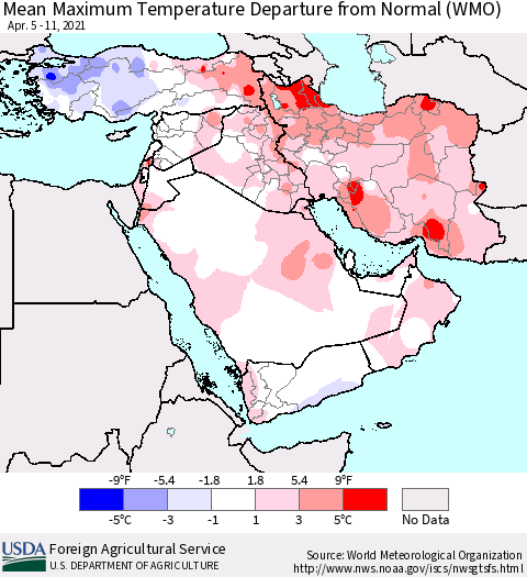 Middle East and Turkey Mean Maximum Temperature Departure from Normal (WMO) Thematic Map For 4/5/2021 - 4/11/2021