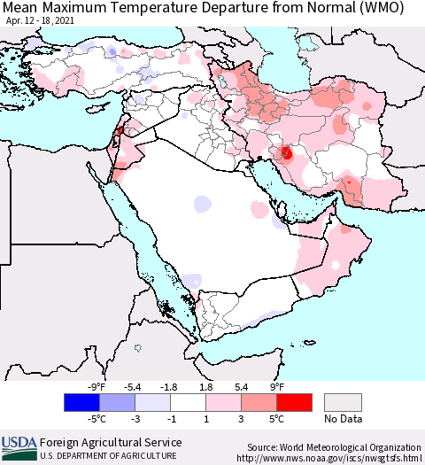 Middle East and Turkey Mean Maximum Temperature Departure from Normal (WMO) Thematic Map For 4/12/2021 - 4/18/2021