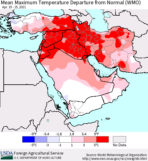 Middle East and Turkey Mean Maximum Temperature Departure from Normal (WMO) Thematic Map For 4/19/2021 - 4/25/2021