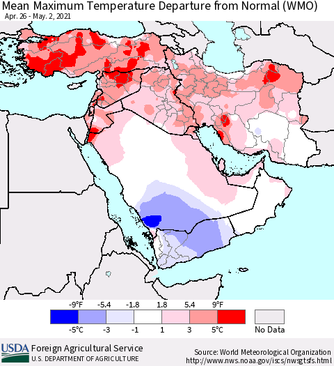 Middle East and Turkey Mean Maximum Temperature Departure from Normal (WMO) Thematic Map For 4/26/2021 - 5/2/2021