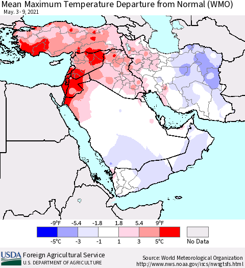 Middle East and Turkey Mean Maximum Temperature Departure from Normal (WMO) Thematic Map For 5/3/2021 - 5/9/2021