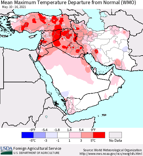 Middle East and Turkey Mean Maximum Temperature Departure from Normal (WMO) Thematic Map For 5/10/2021 - 5/16/2021