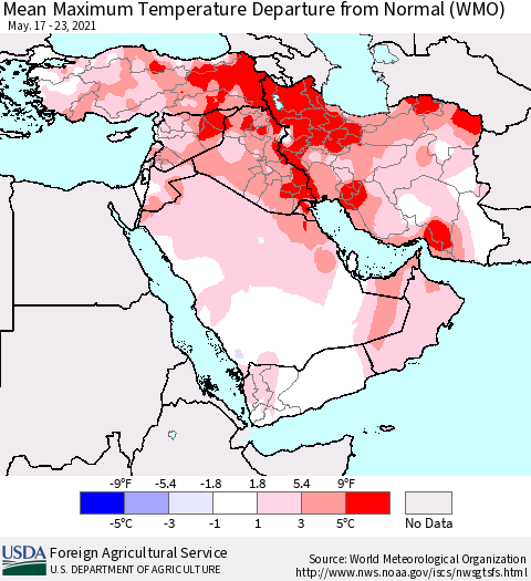 Middle East and Turkey Mean Maximum Temperature Departure from Normal (WMO) Thematic Map For 5/17/2021 - 5/23/2021