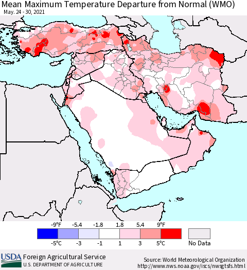 Middle East and Turkey Mean Maximum Temperature Departure from Normal (WMO) Thematic Map For 5/24/2021 - 5/30/2021
