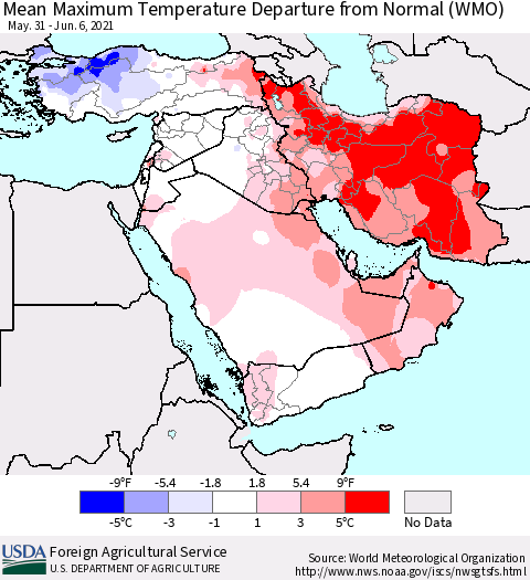 Middle East and Turkey Mean Maximum Temperature Departure from Normal (WMO) Thematic Map For 5/31/2021 - 6/6/2021