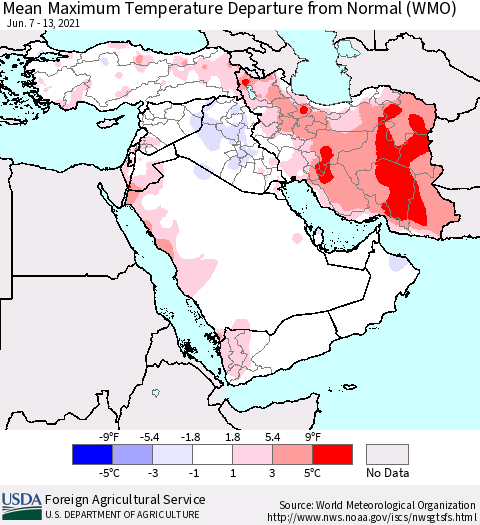 Middle East and Turkey Mean Maximum Temperature Departure from Normal (WMO) Thematic Map For 6/7/2021 - 6/13/2021