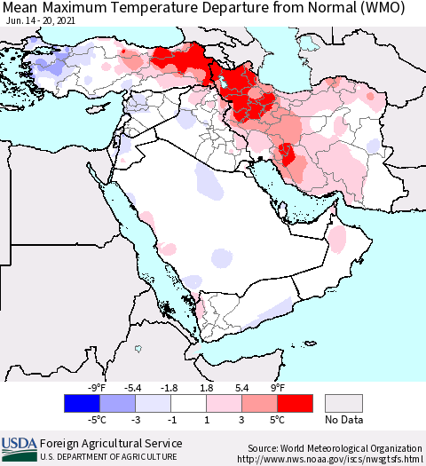 Middle East and Turkey Mean Maximum Temperature Departure from Normal (WMO) Thematic Map For 6/14/2021 - 6/20/2021