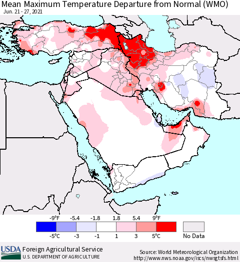 Middle East and Turkey Mean Maximum Temperature Departure from Normal (WMO) Thematic Map For 6/21/2021 - 6/27/2021