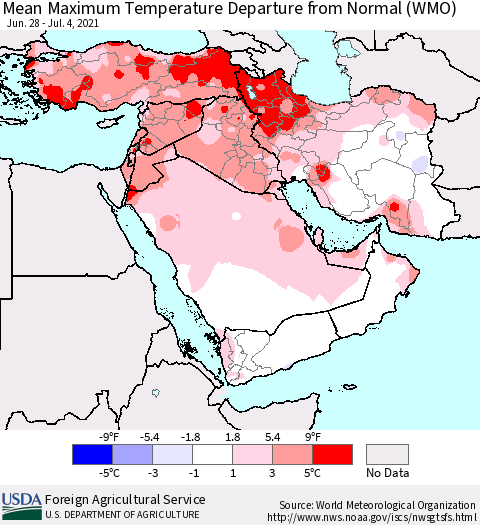 Middle East and Turkey Mean Maximum Temperature Departure from Normal (WMO) Thematic Map For 6/28/2021 - 7/4/2021