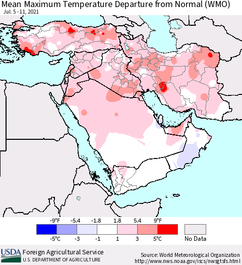 Middle East and Turkey Mean Maximum Temperature Departure from Normal (WMO) Thematic Map For 7/5/2021 - 7/11/2021