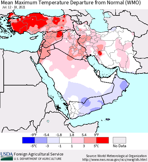Middle East and Turkey Mean Maximum Temperature Departure from Normal (WMO) Thematic Map For 7/12/2021 - 7/18/2021