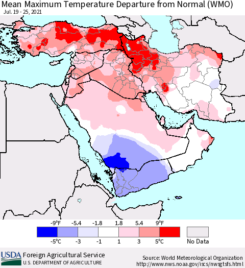 Middle East and Turkey Mean Maximum Temperature Departure from Normal (WMO) Thematic Map For 7/19/2021 - 7/25/2021