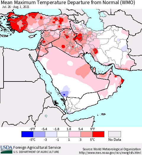 Middle East and Turkey Mean Maximum Temperature Departure from Normal (WMO) Thematic Map For 7/26/2021 - 8/1/2021