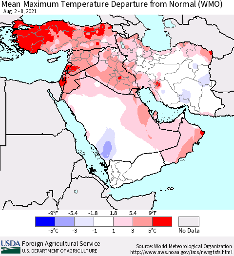 Middle East and Turkey Mean Maximum Temperature Departure from Normal (WMO) Thematic Map For 8/2/2021 - 8/8/2021