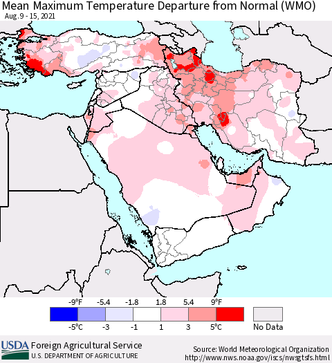 Middle East and Turkey Mean Maximum Temperature Departure from Normal (WMO) Thematic Map For 8/9/2021 - 8/15/2021