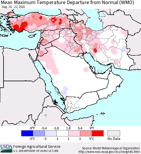 Middle East and Turkey Mean Maximum Temperature Departure from Normal (WMO) Thematic Map For 8/16/2021 - 8/22/2021
