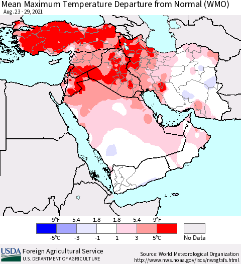 Middle East and Turkey Mean Maximum Temperature Departure from Normal (WMO) Thematic Map For 8/23/2021 - 8/29/2021