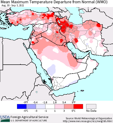 Middle East and Turkey Mean Maximum Temperature Departure from Normal (WMO) Thematic Map For 8/30/2021 - 9/5/2021