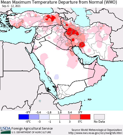 Middle East and Turkey Mean Maximum Temperature Departure from Normal (WMO) Thematic Map For 9/6/2021 - 9/12/2021