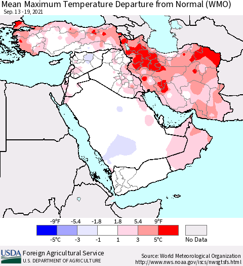 Middle East and Turkey Mean Maximum Temperature Departure from Normal (WMO) Thematic Map For 9/13/2021 - 9/19/2021